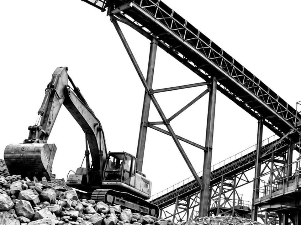 An excavator loading rubble beside the plant conveyors